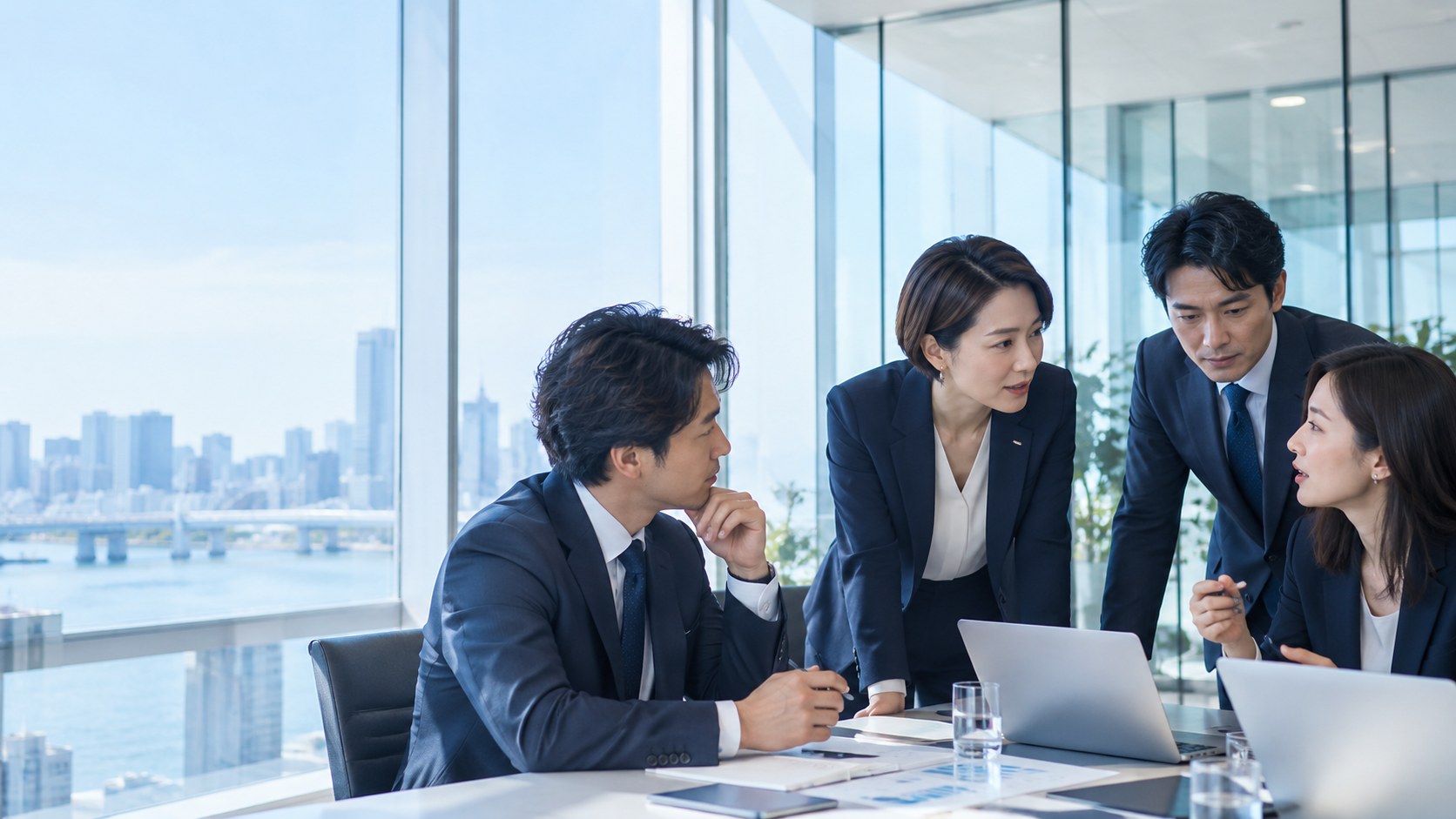 資料をもとに事業戦略を考えるチームのイメージ